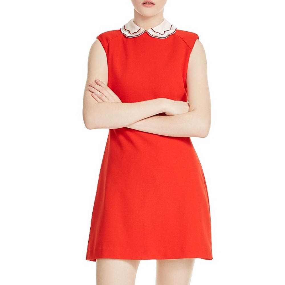Maje Red Pleated Dress With Removable Beaded Collar
